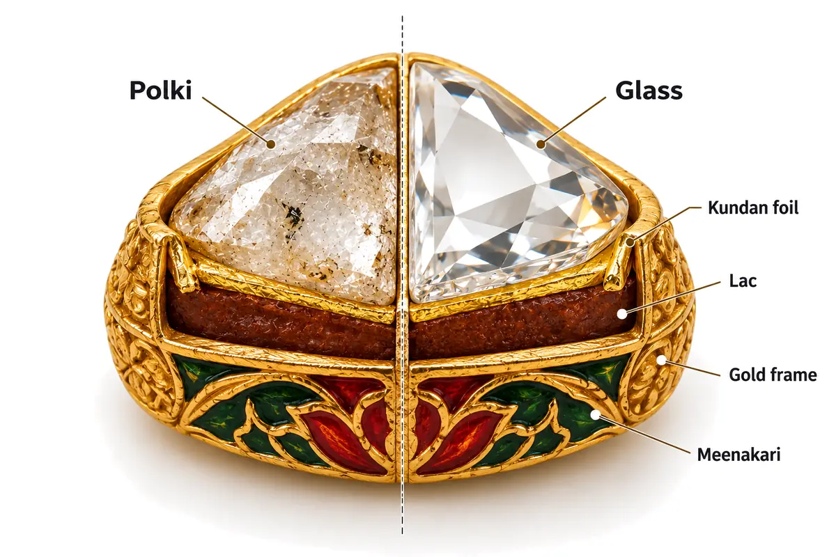 Polki and kundan share one jadau setting: cross-section showing gold frame, lac, stone and kundan foil, with polki on one side and glass on the other