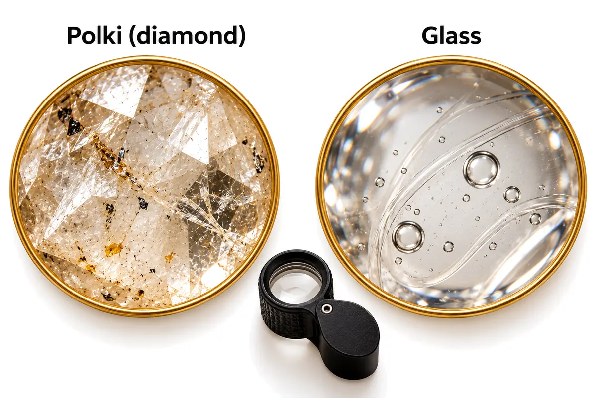 How to identify polki under a loupe: natural crystal inclusions in a polki diamond versus round air bubbles in glass