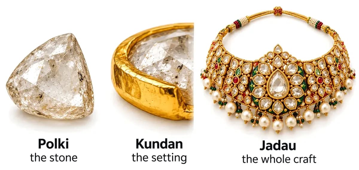 Polki, kundan and jadau explained: an uncut diamond, a 24K gold foil collar and a complete jadau necklace