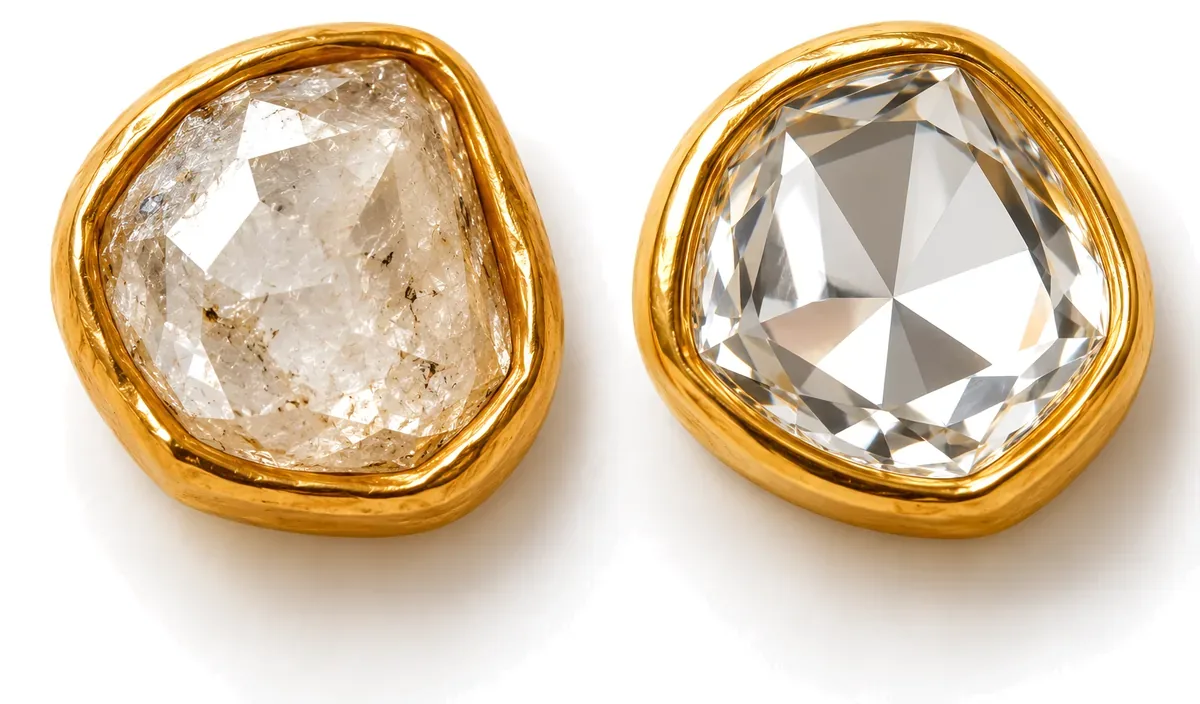 Polki diamond glow compared with the even shine of a kundan glass stone, macro close-up on white