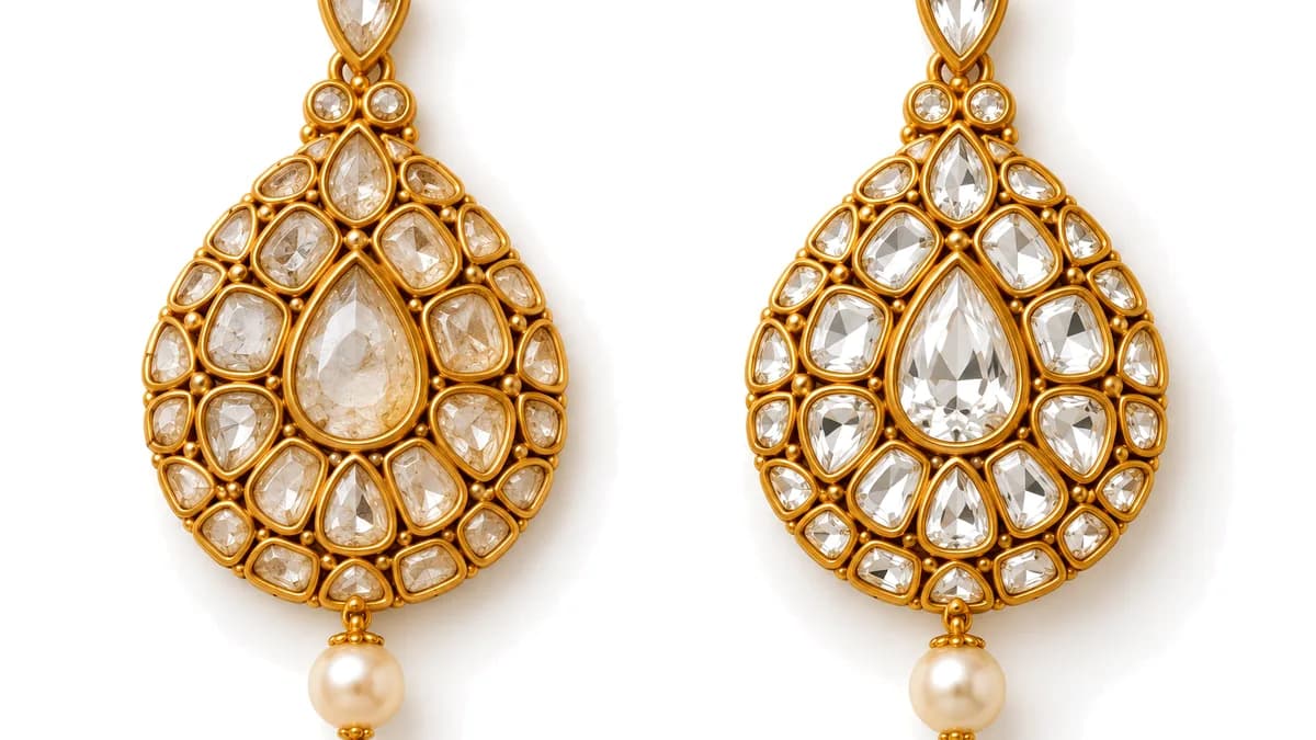 Difference between polki and kundan: a polki pendant with uncut diamonds beside a kundan pendant with glass stones, on white