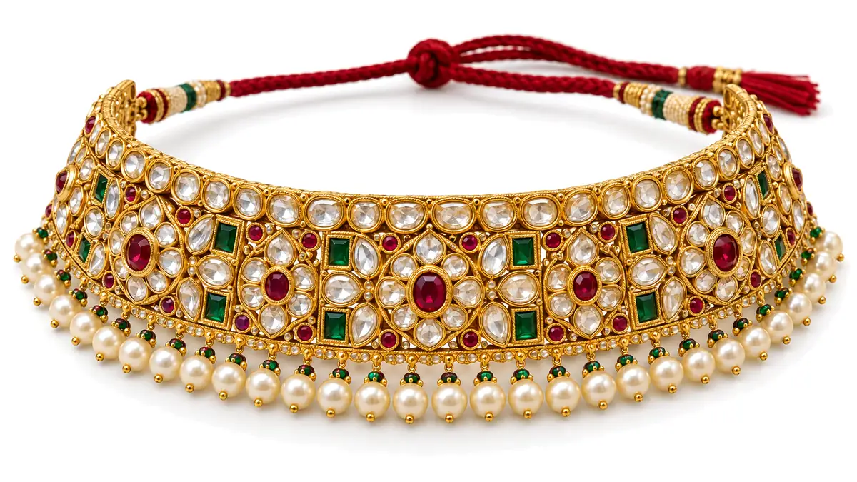 Kundan jewellery choker necklace in 22K gold with uncut stones, pearls and green meenakari, on a white background