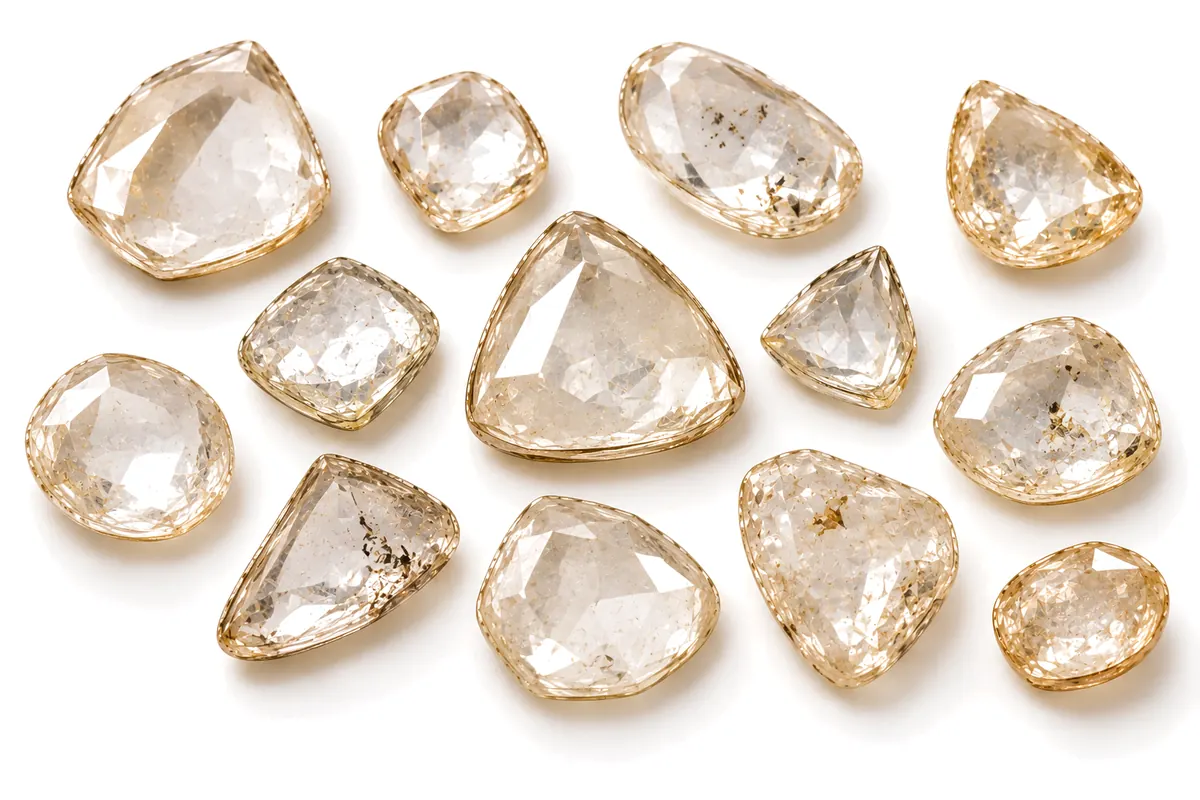 Loose uncut polki diamonds in natural irregular shapes on a white background