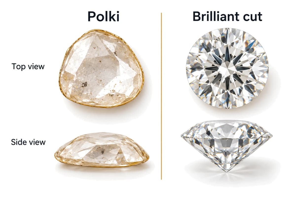 Polki diamond compared with a brilliant-cut diamond: flat uncut polki slice beside a faceted round diamond, top and side views