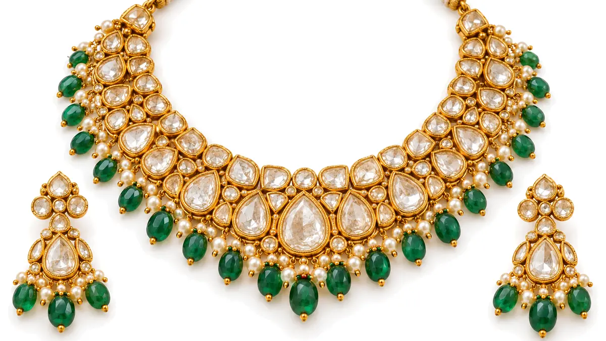 Polki jewellery necklace set with uncut diamonds in 22K gold and matching earrings, on a white background