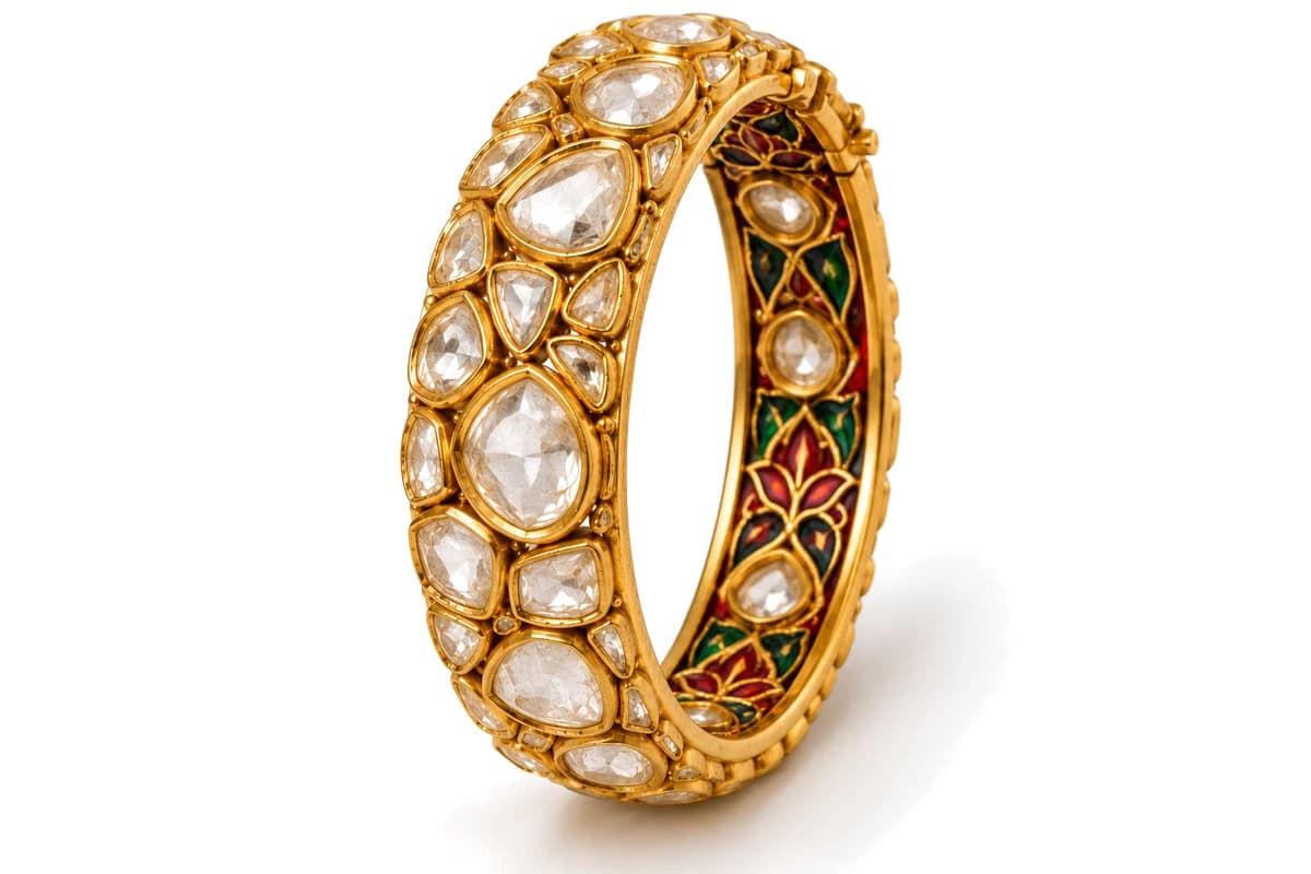 Polki kada bracelet in 22K gold set with uncut polki diamonds, on a white background