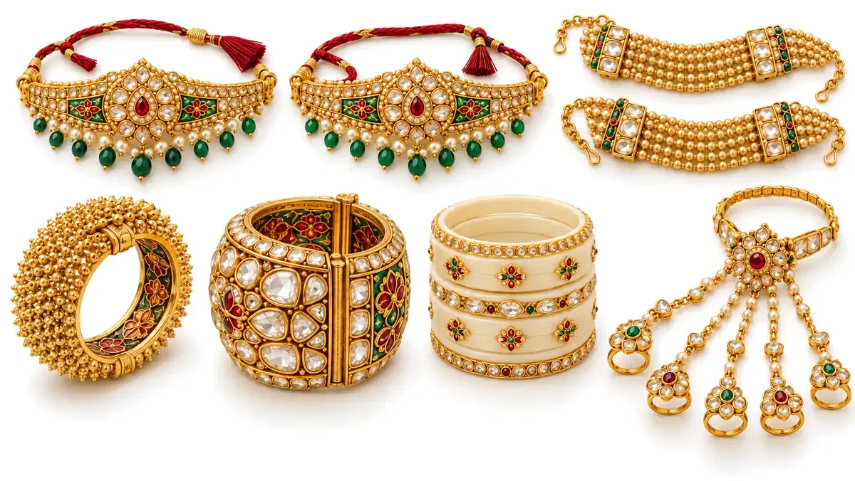 Rajasthani hand jewellery on white: bajuband armlet, ponchi, gokhru, pacheli, chooda and hathphool