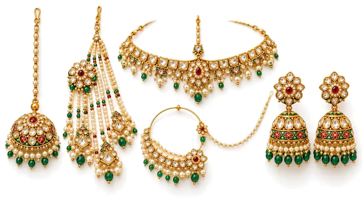 Rajasthani head jewellery on white: borla, sheeshphool, mathapatti, nath and karanphool jhumka