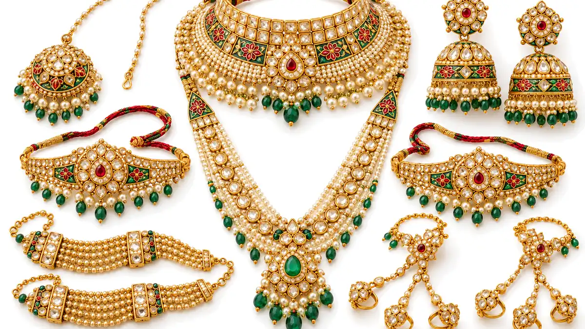 Traditional Rajasthani jewellery bridal set laid out on white: borla, aad necklace, rani haar, jhumkas, bajuband and ponchi in gold