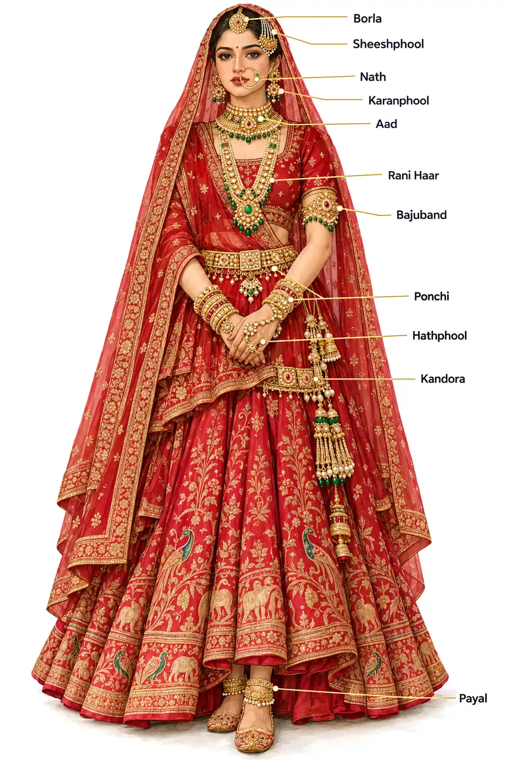 Rajasthani jewellery names on a bride, head to toe: where the borla, nath, aad, rani haar, bajuband, ponchi, hathphool and kandora are worn