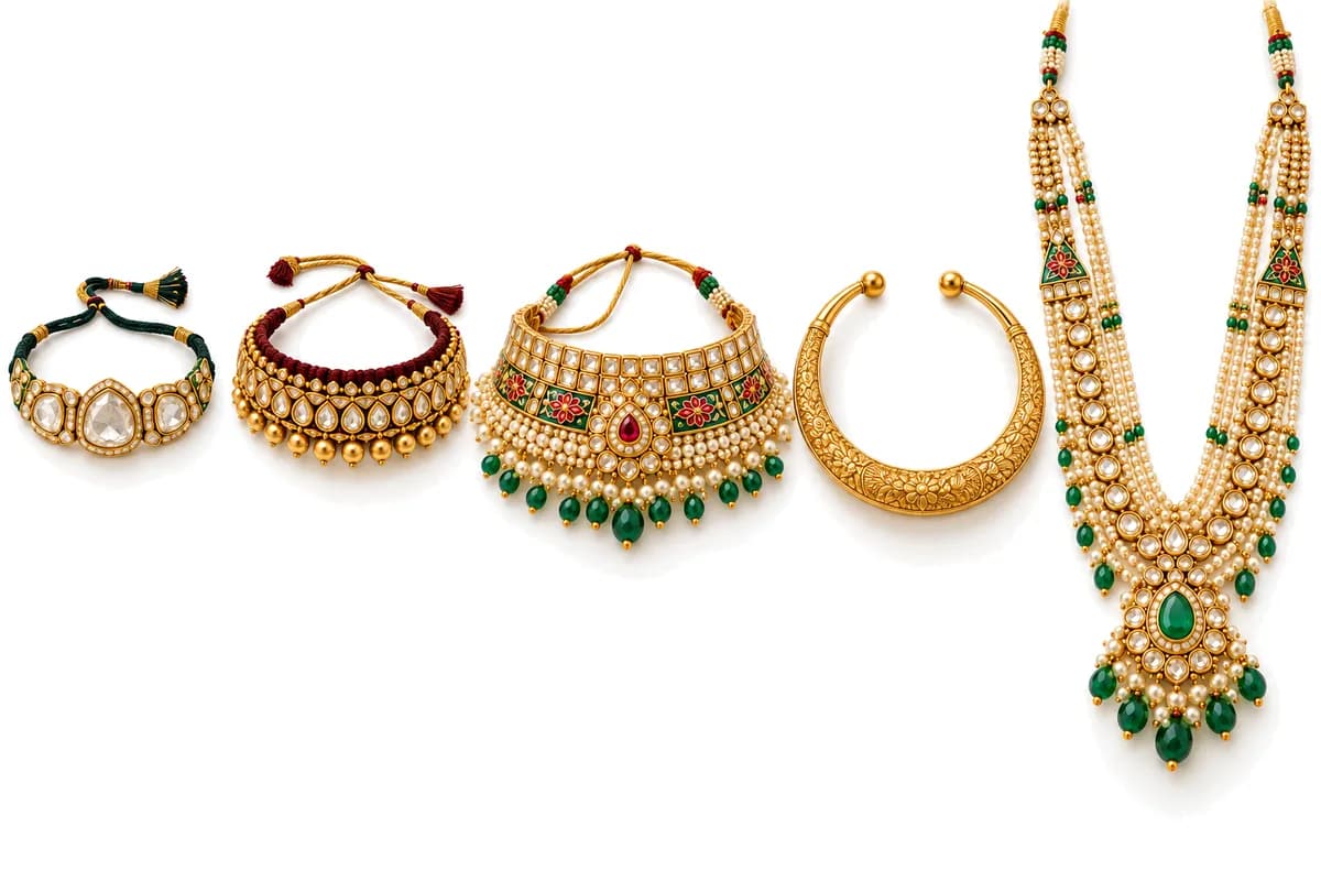 Rajasthani necklaces on white: aad plate choker, timaniya, gulband, hasli collar and long rani haar