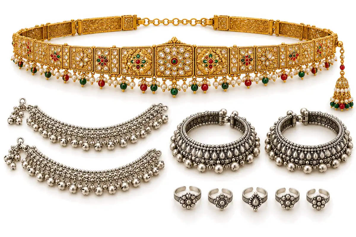 Rajasthani waist and feet jewellery on white: gold kandora waist belt, silver payal, kadla anklets and bichhiya toe rings