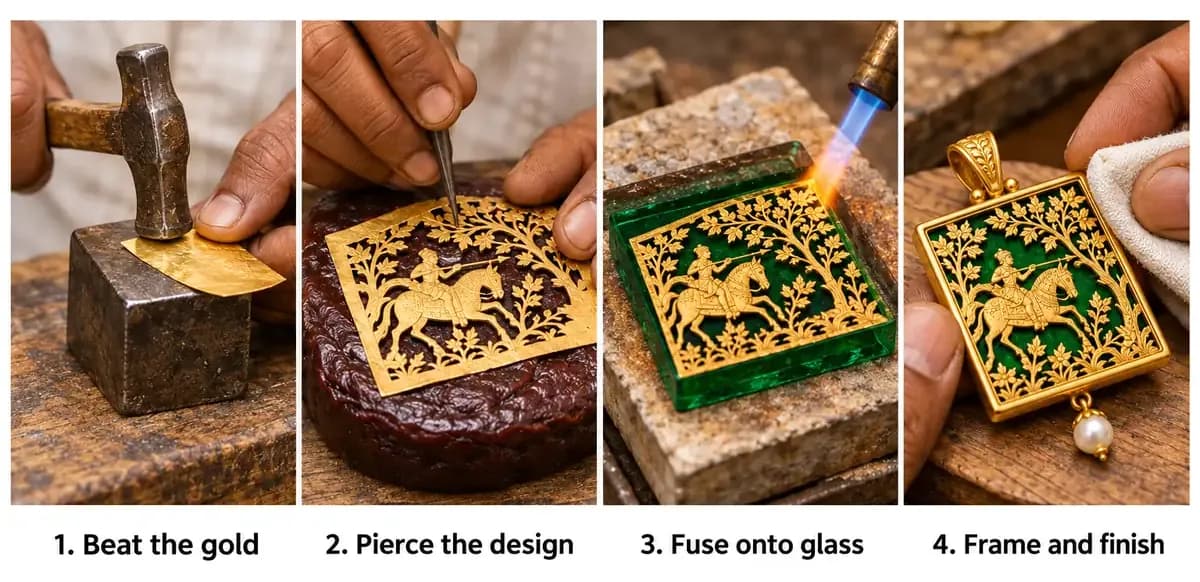 How thewa jewellery is made in four steps: gold sheet hammered thin, design pierced by hand, gold fused onto coloured glass, piece framed