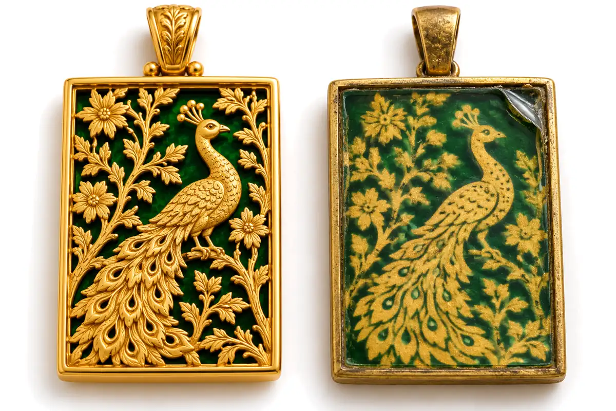 Real thewa jewellery with fused hand-pierced gold beside imitation thewa with printed gold-coloured foil, compared side by side