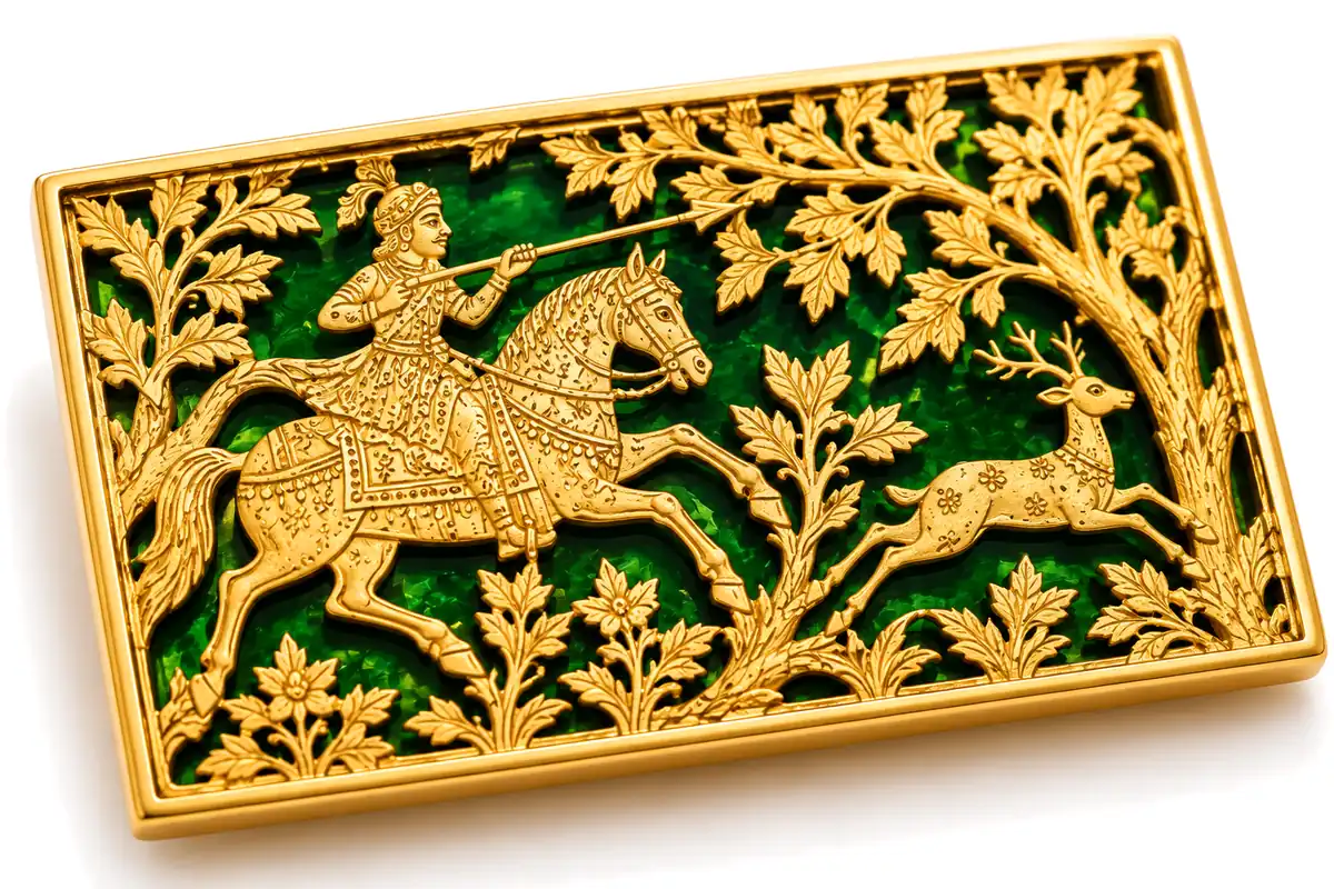 Close-up of thewa art jewellery: hand-pierced 23K gold hunting scene with a rider and deer on green glass