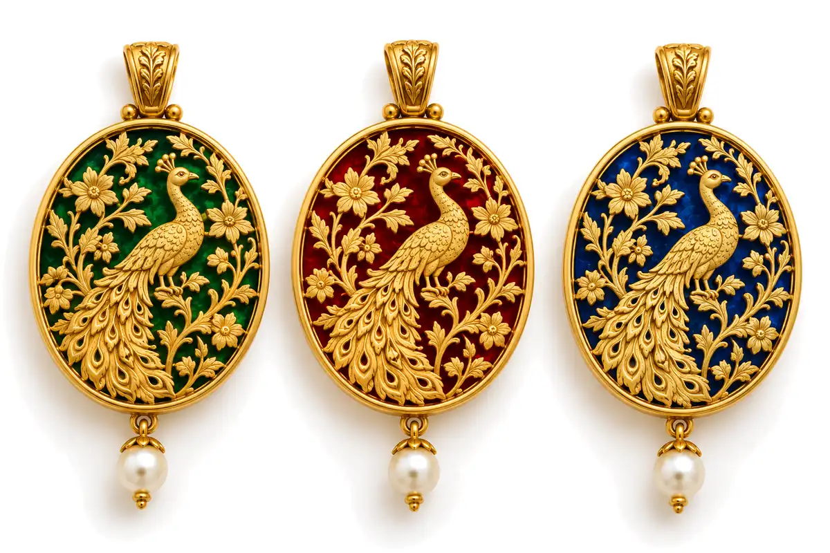 Thewa jewellery in green, red and blue glass with gold work, three pendants on a white background