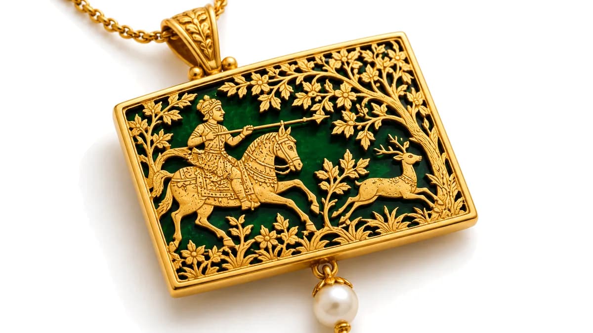 Thewa jewellery pendant: 23K gold hunting scene fused onto deep green glass in a gold frame, on a white background