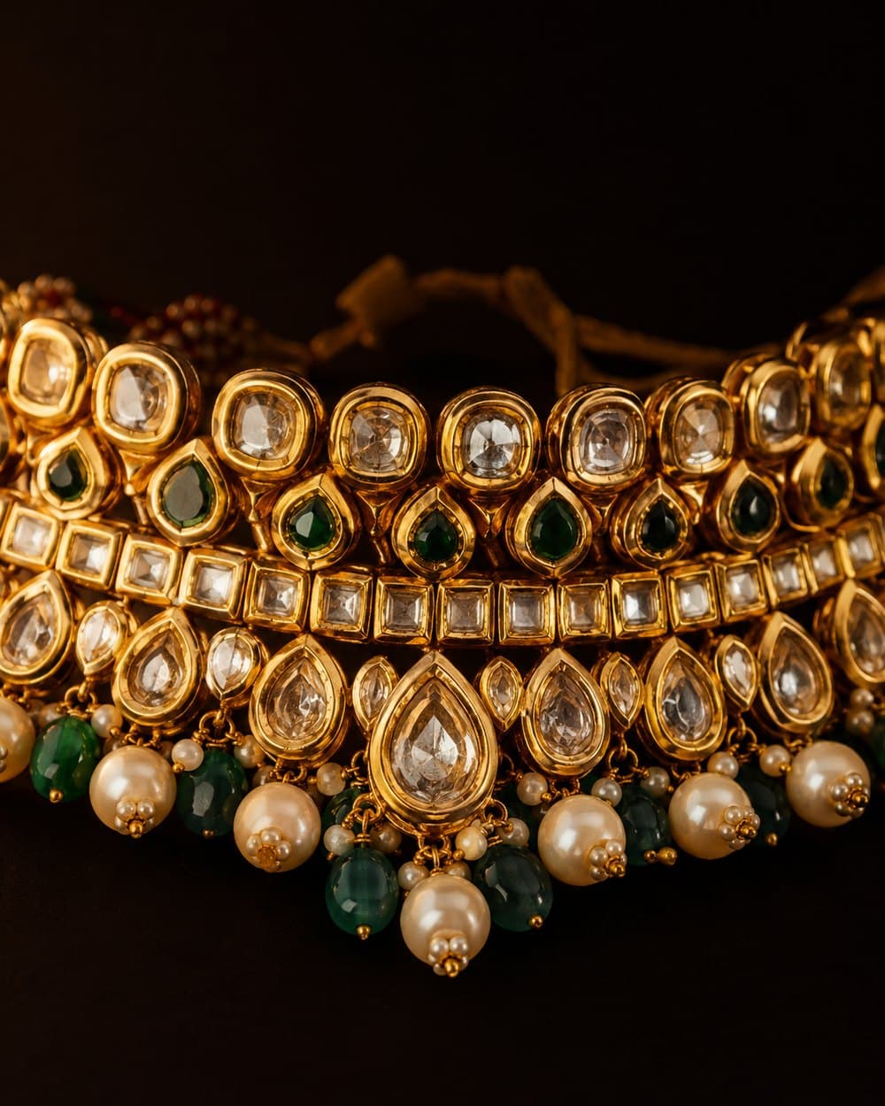 A gold kundan choker with uncut stones, emerald drops and pearls, tied at the back on a silk dori