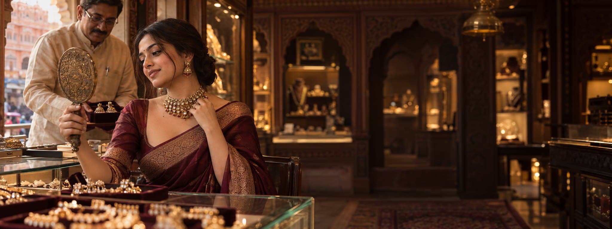 A bride trying a polki choker at a mirror in the shop, the jeweller behind her