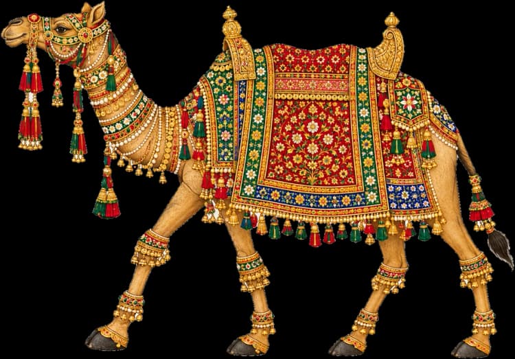 Decorated camel in an embroidered jhool and gold bells, Rajasthani miniature