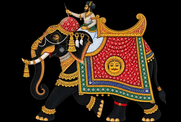 Caparisoned elephant carrying a rider, Rajasthani miniature
