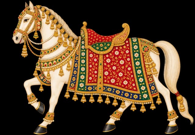 Caparisoned marwari horse in gold and meenakari trappings, Rajasthani miniature