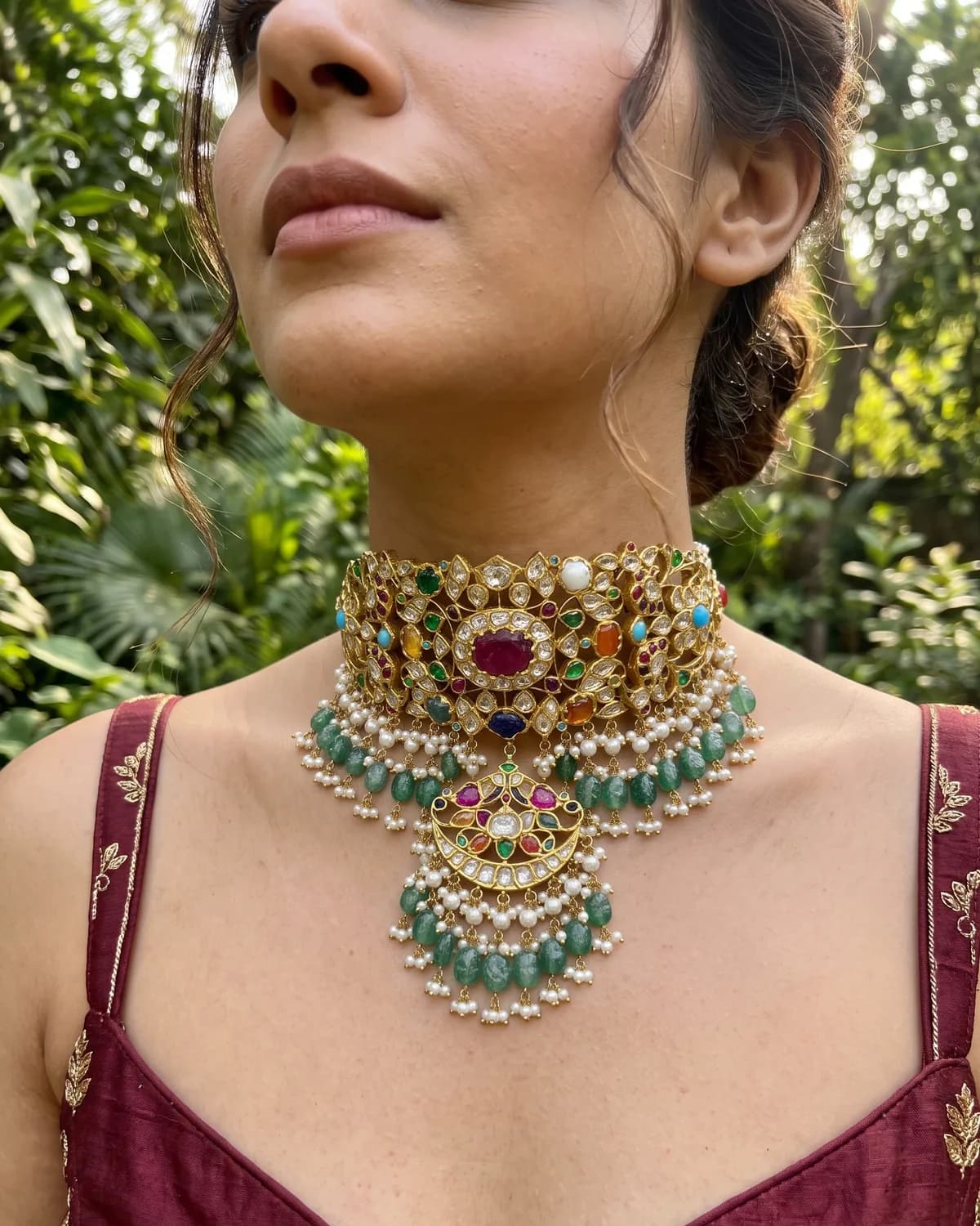 Bejai Navratan Choker Necklace in 18K gold — On the neck