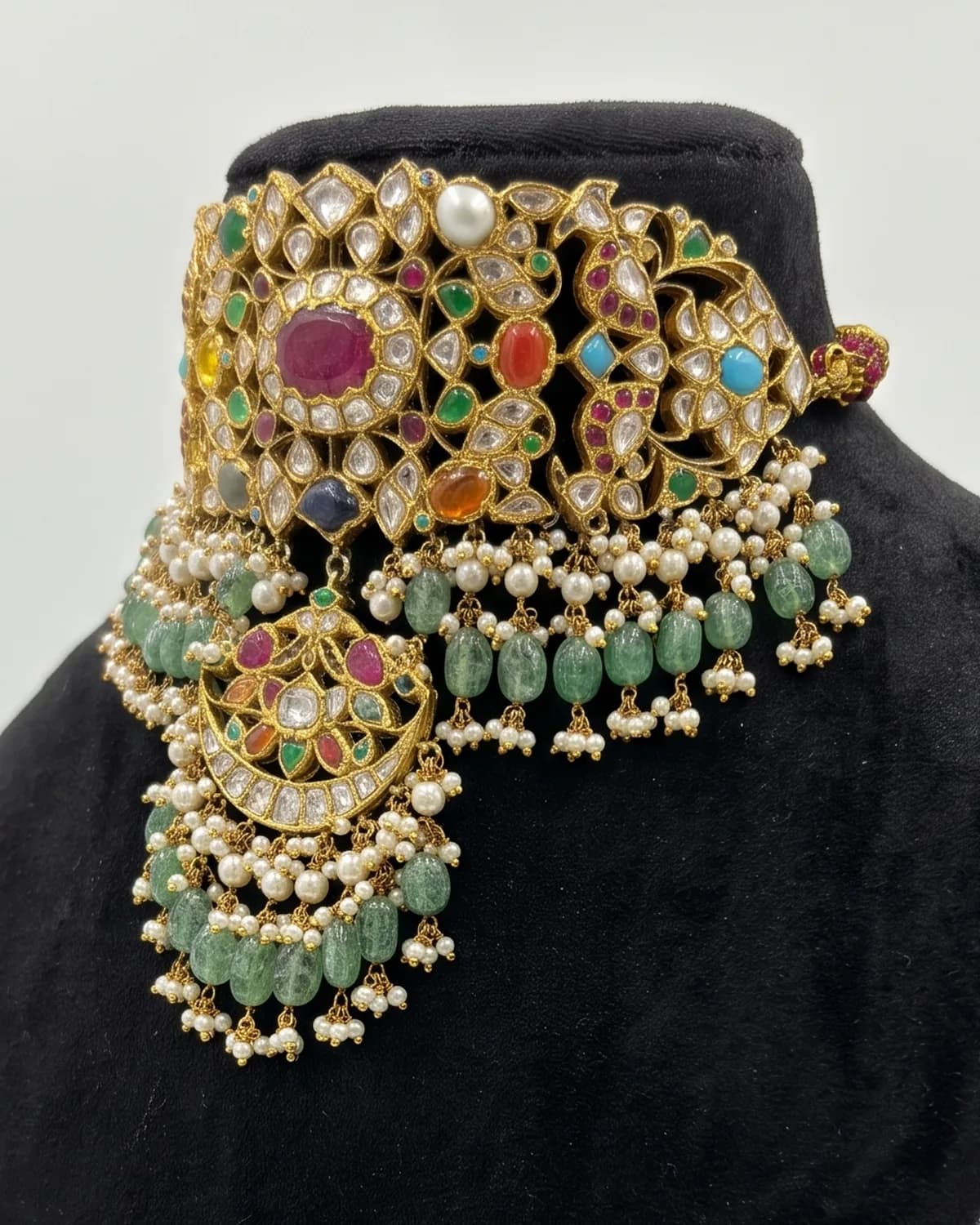 Bejai Navratan Choker Necklace in 18K gold — Close — the navratna row