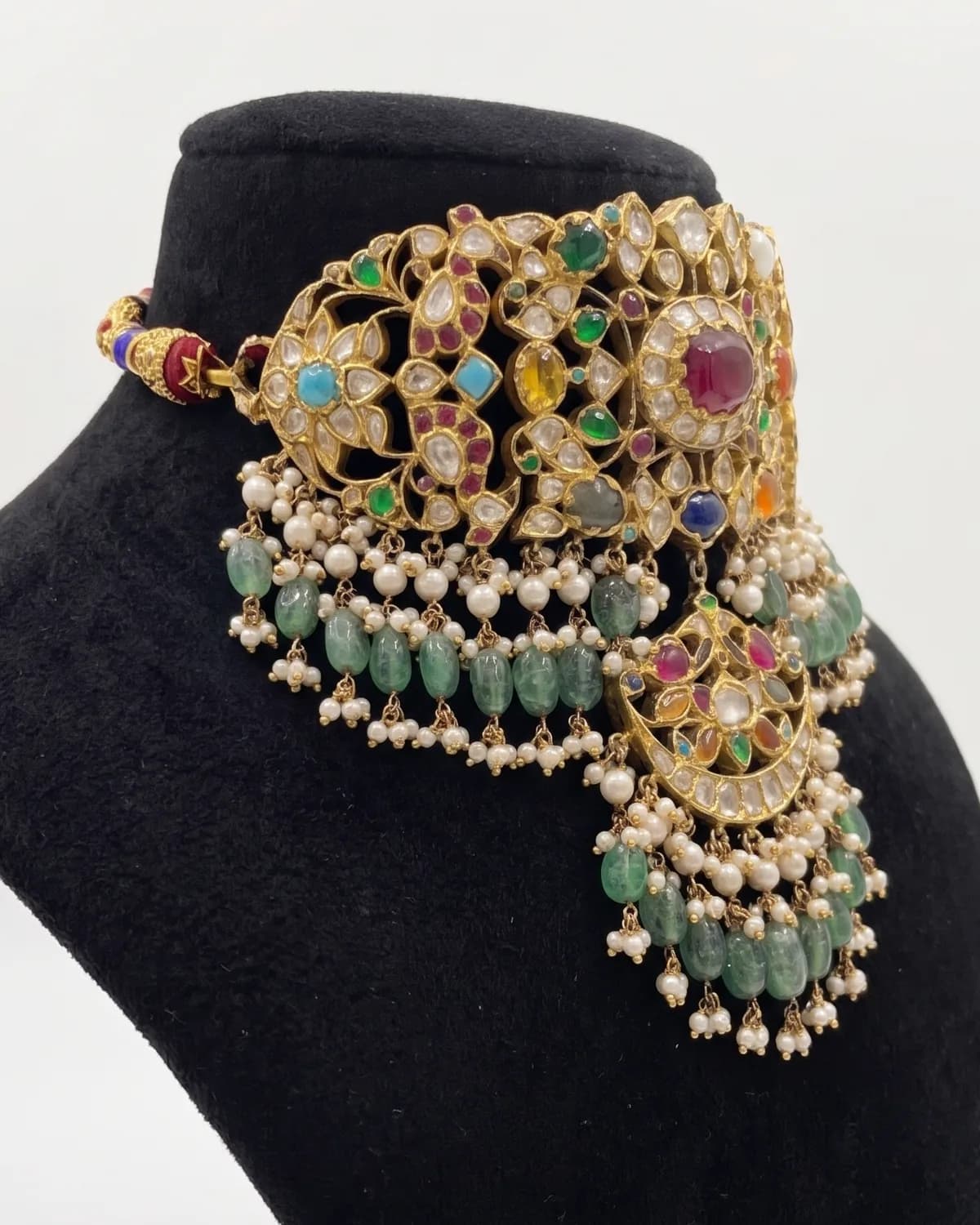 Bejai Navratan Choker Necklace in 18K gold — Angle — the side strap and the fringe