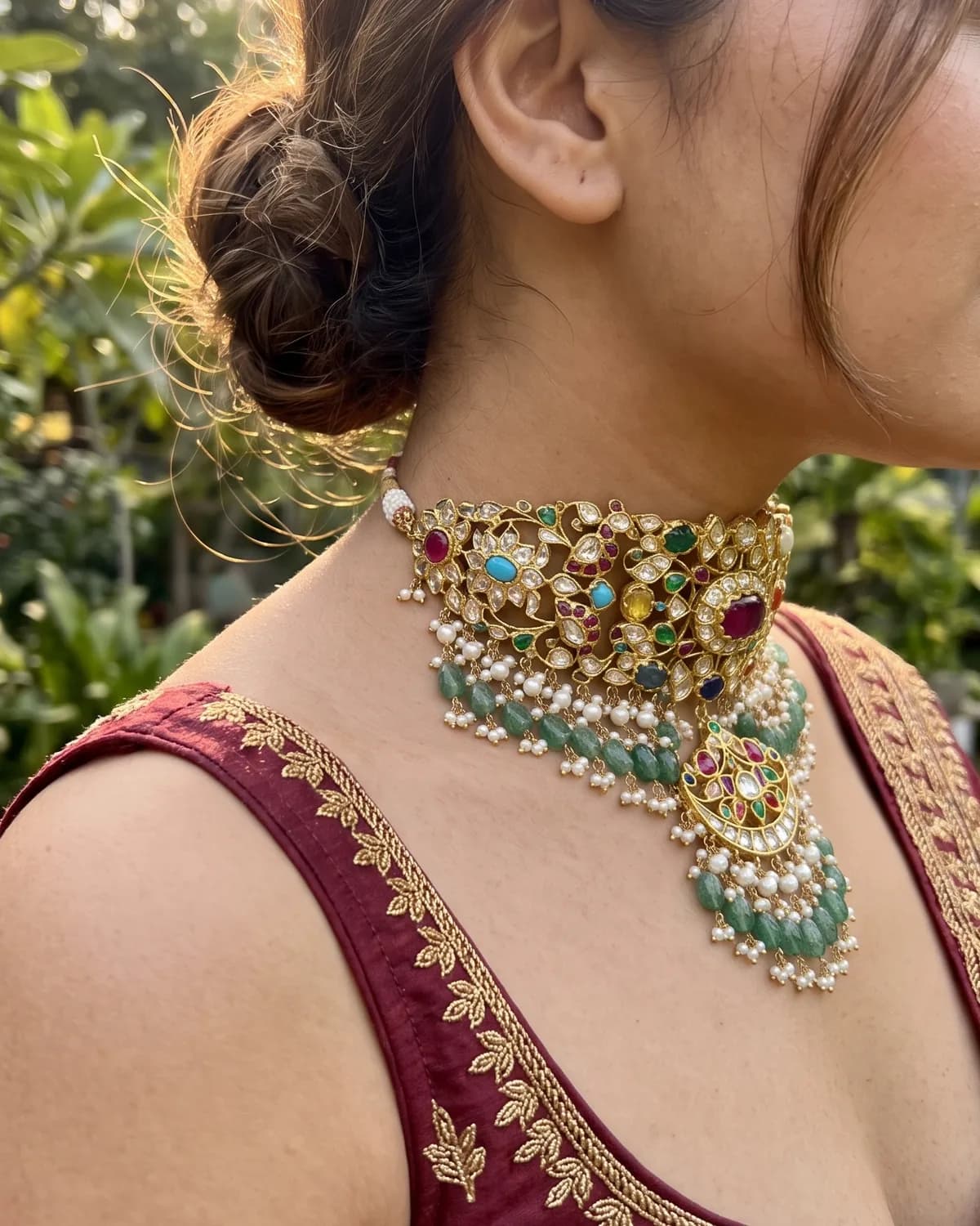 Bejai Navratan Choker Necklace in 18K gold — Worn, from the side