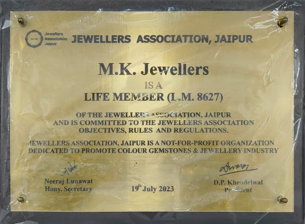 Brass plaque from the Jewellers Association, Jaipur: M.K. Jewellers is a Life Member, L.M. 8627, dated 19 July 2023