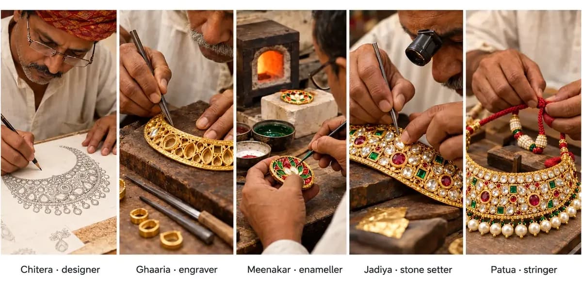 How kundan jewellery is made: designer, engraver, enameller, stone setter and stringer at work in sequence