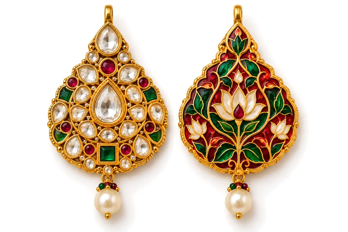 Front and back of a kundan pendant: kundan-set stones on the front, fired red and green meenakari enamel on the reverse