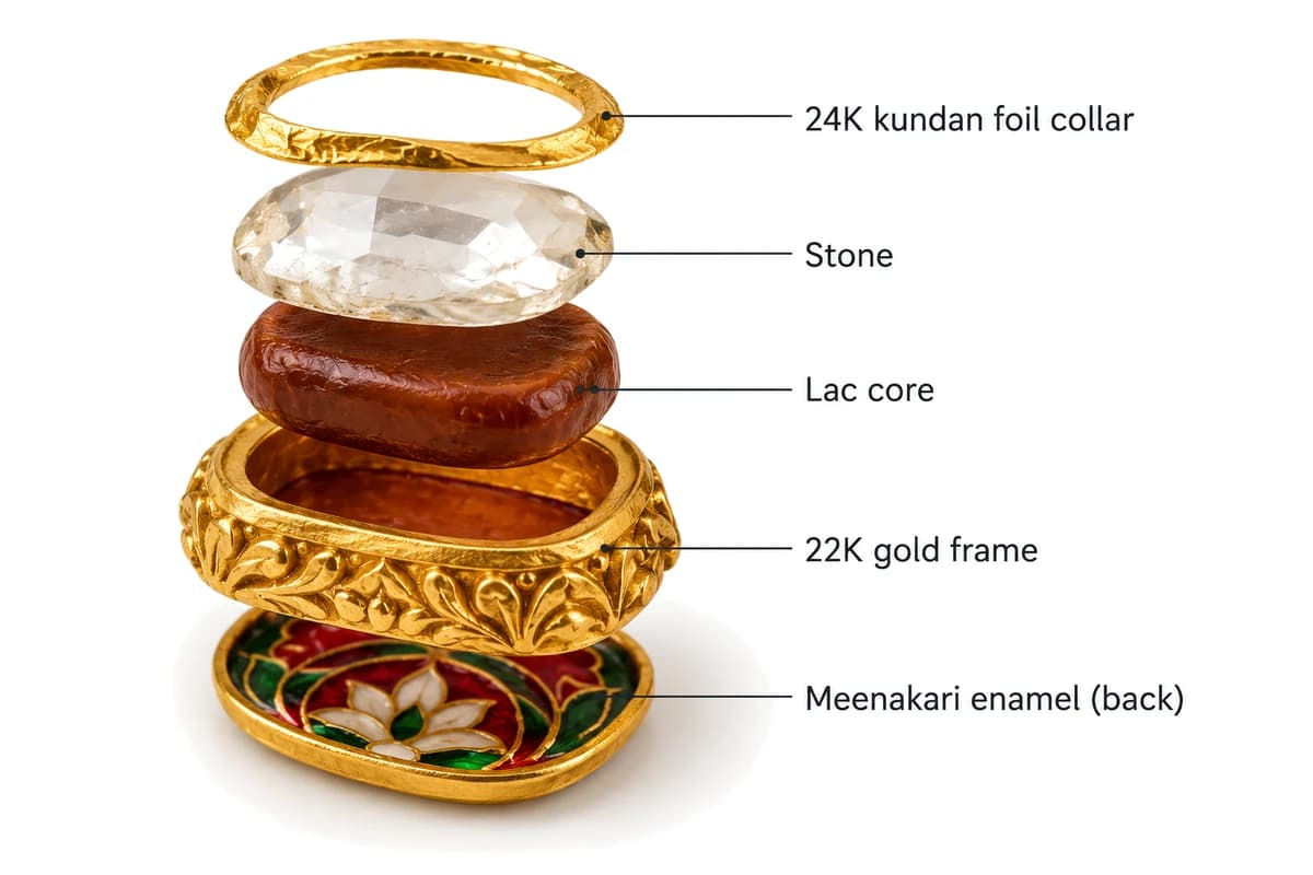 Cross-section of a kundan jewellery setting: meenakari enamel, 22K gold frame, lac core, stone and 24K kundan foil collar