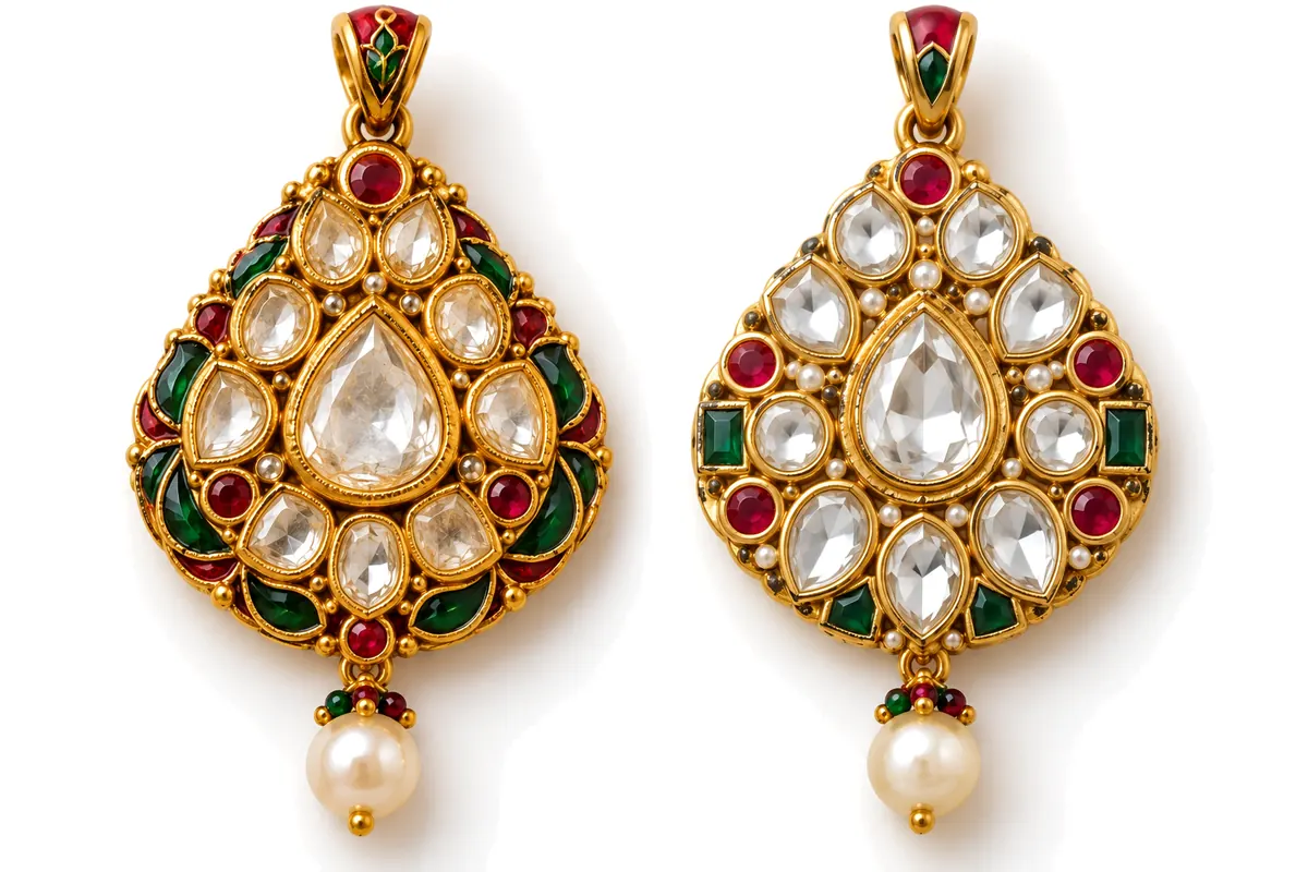 Real gold kundan jewellery beside gold-plated market kundan jewellery with glass stones, on a white background